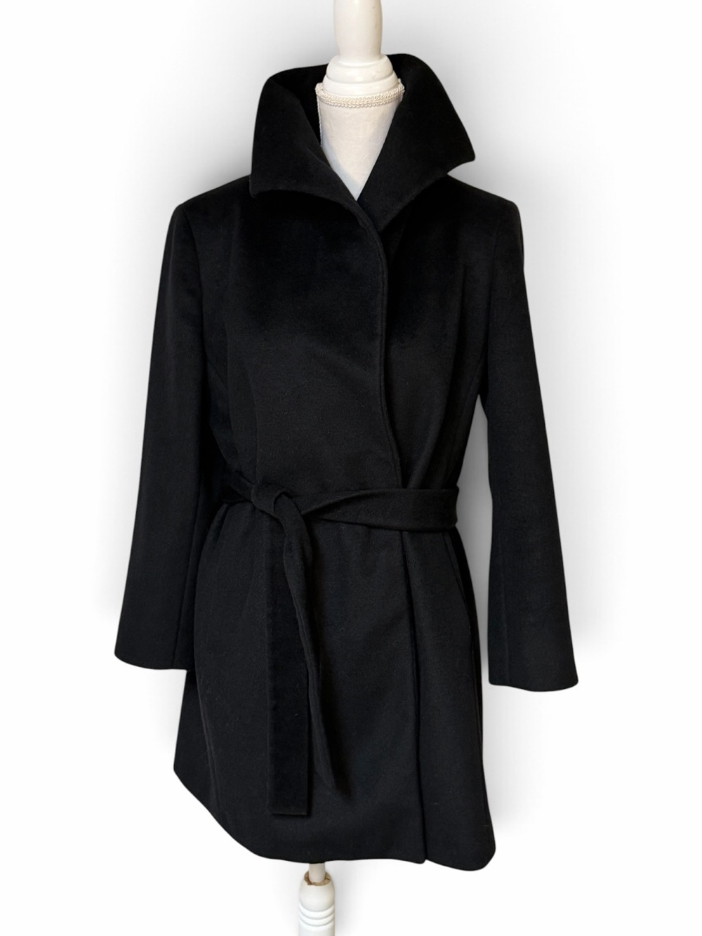 Calvin Klein Women’s Black Wool Blend Belted Wrap Coat Wide Collar Size 8